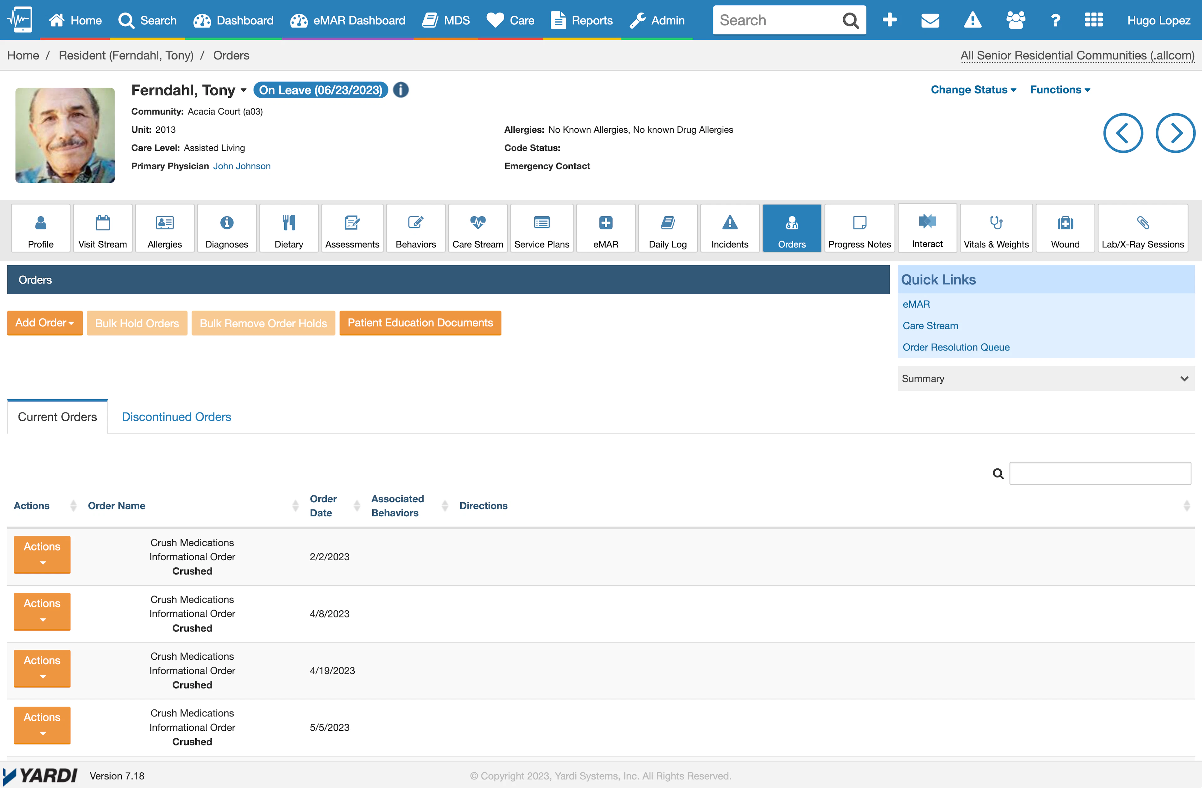 screenshot of Yardi EHR